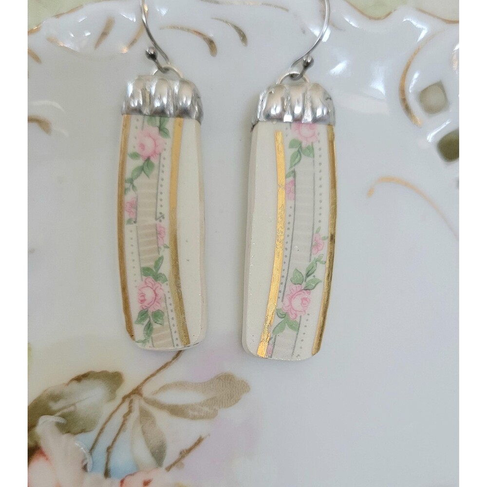 Broken China "Taylor, Smith & Taylor Pink Roses Top Soldered Earrings